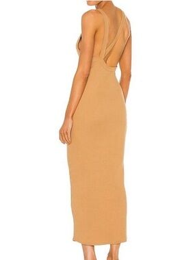 The Line by K Maribel Midi Dress Camel Ribbed Casual Stretch Bodycon